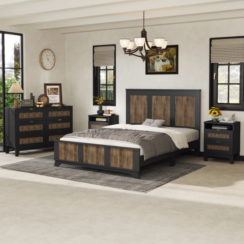 4-Pieces Bedroom Sets, Queen Size Farmhouse Platform Bed with Wooden Strip Decoration, Storage Nightstand and Dresser