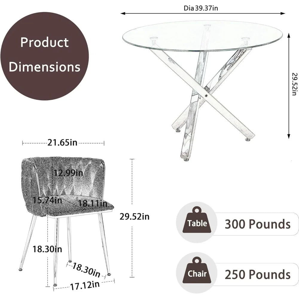 Dining Table Set for 4 with Grey Woven Dining Chair, 5 Pieces Minimalist Modern Round Glass Dinner Room Table Set