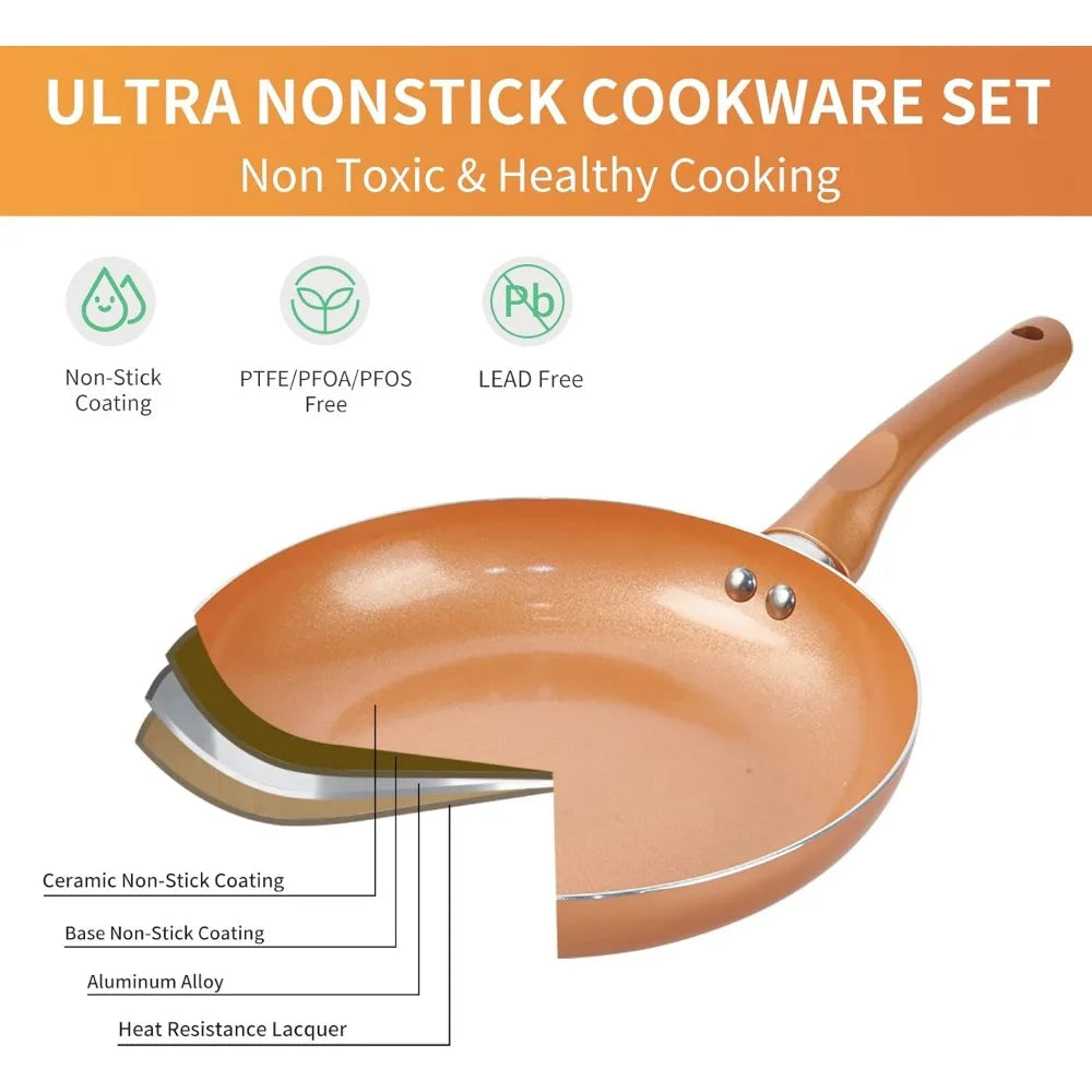 Pots and Pans Set Ultra Nonstick, Pre-Installed 11pcs Cookware Set Copper with Ceramic Coating, Stay cool handle