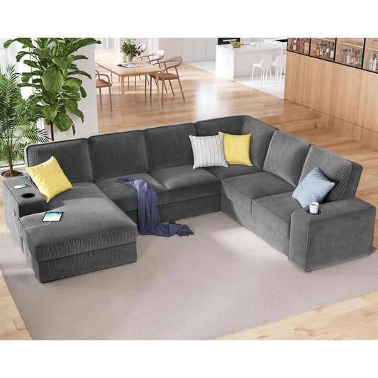 U Shaped Sofa with USB ports, Sectional Sofa Couch with Storage Chaise, Corduroy Grey