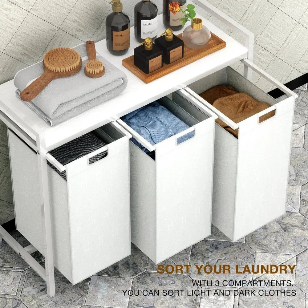 Laundry Hamper 3 Section with Shelf with 3 Removable Laundry Sorter Bags