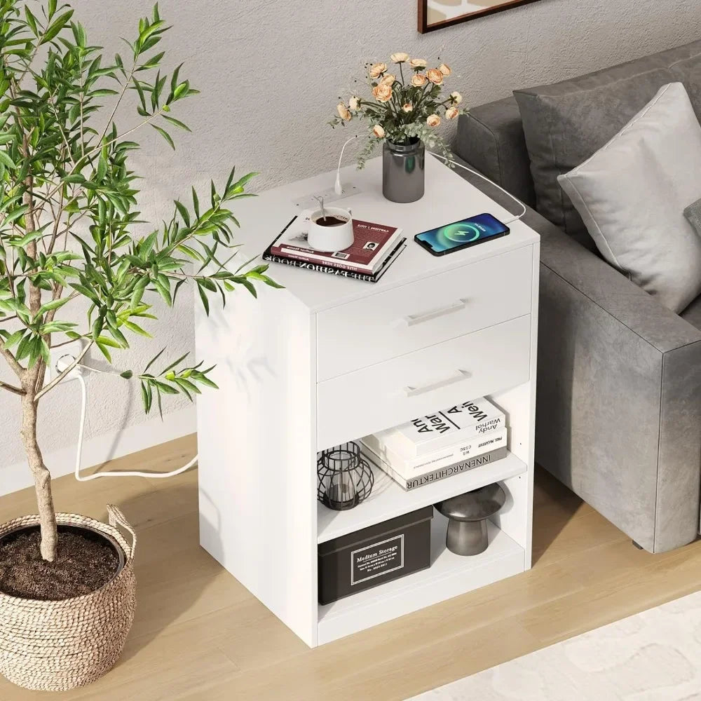 Bedside Table Bedside Table With 2 AC Outlets and 2 USB Ports Storage Locker Nightstand With Charging Station Bedroom Furniture