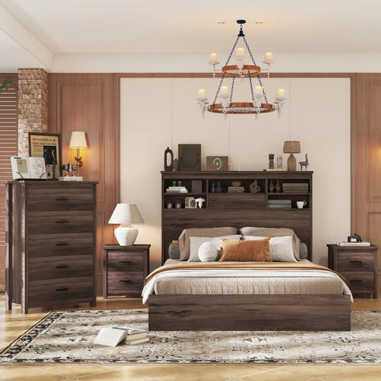 4-Pieces Bedroom Sets Queen Size Vintage Wooden Bed Frame with 2 Nightstands and 1 Dresser,Dark Walnut.