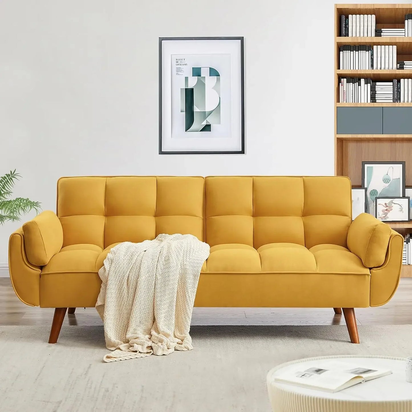 Tufted Sofa Convertible Futon Sofa Bed with Adjustable Backrests and Solid Wood Legs for Living Room, Bedroom