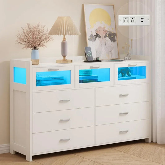 Dresser, LED Light with Charging Station, Storage Cabinet, 9 Drawer