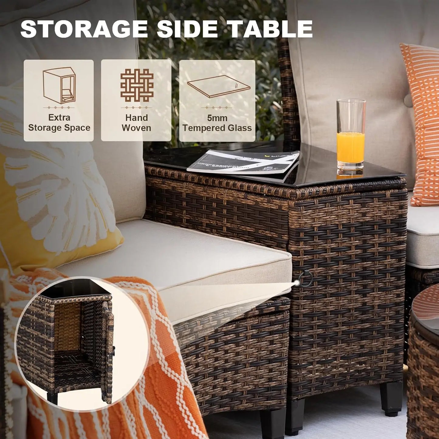 Outdoor Patio Furniture Set, Half-Moon Curved Sectional Sofa Rattan Conversation Set With Wood Armrests, Coffee