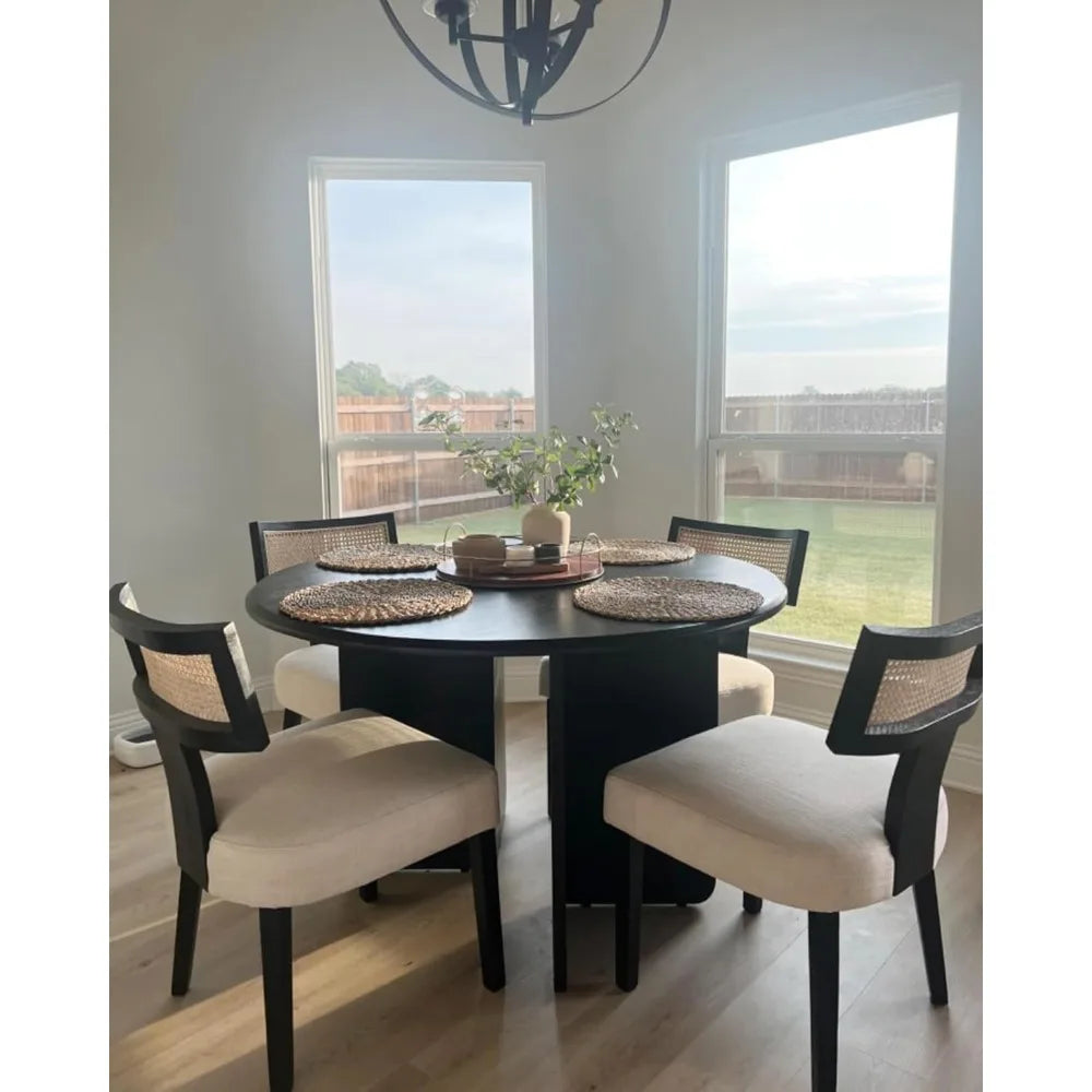 Mid Century Modern Rattan Dining Chairs Set of 4, Farmhouse Linen Upholstered Accent Chair Curved Backrest Kitchen Chairs, with