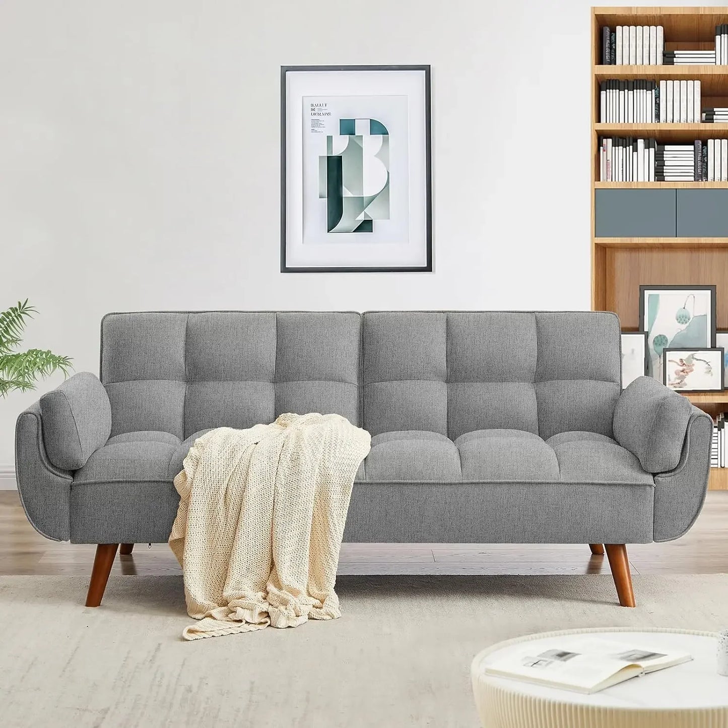 Tufted Sofa Convertible Futon Sofa Bed with Adjustable Backrests and Solid Wood Legs for Living Room, Bedroom