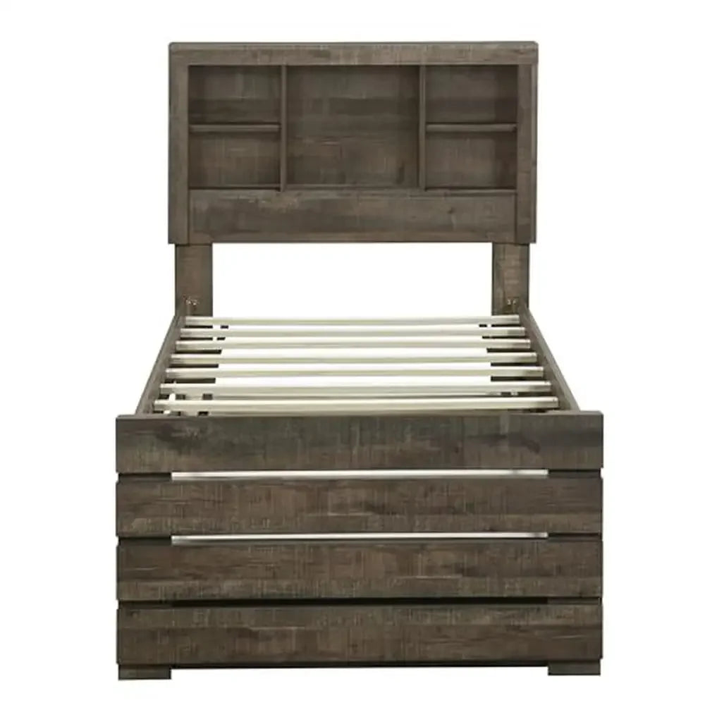 Twin Size Captain Bed with Bookcase Wood Platform Frame Three Drawers Trundle Bedroom/Guestroom Rustic Style Rustic Brown