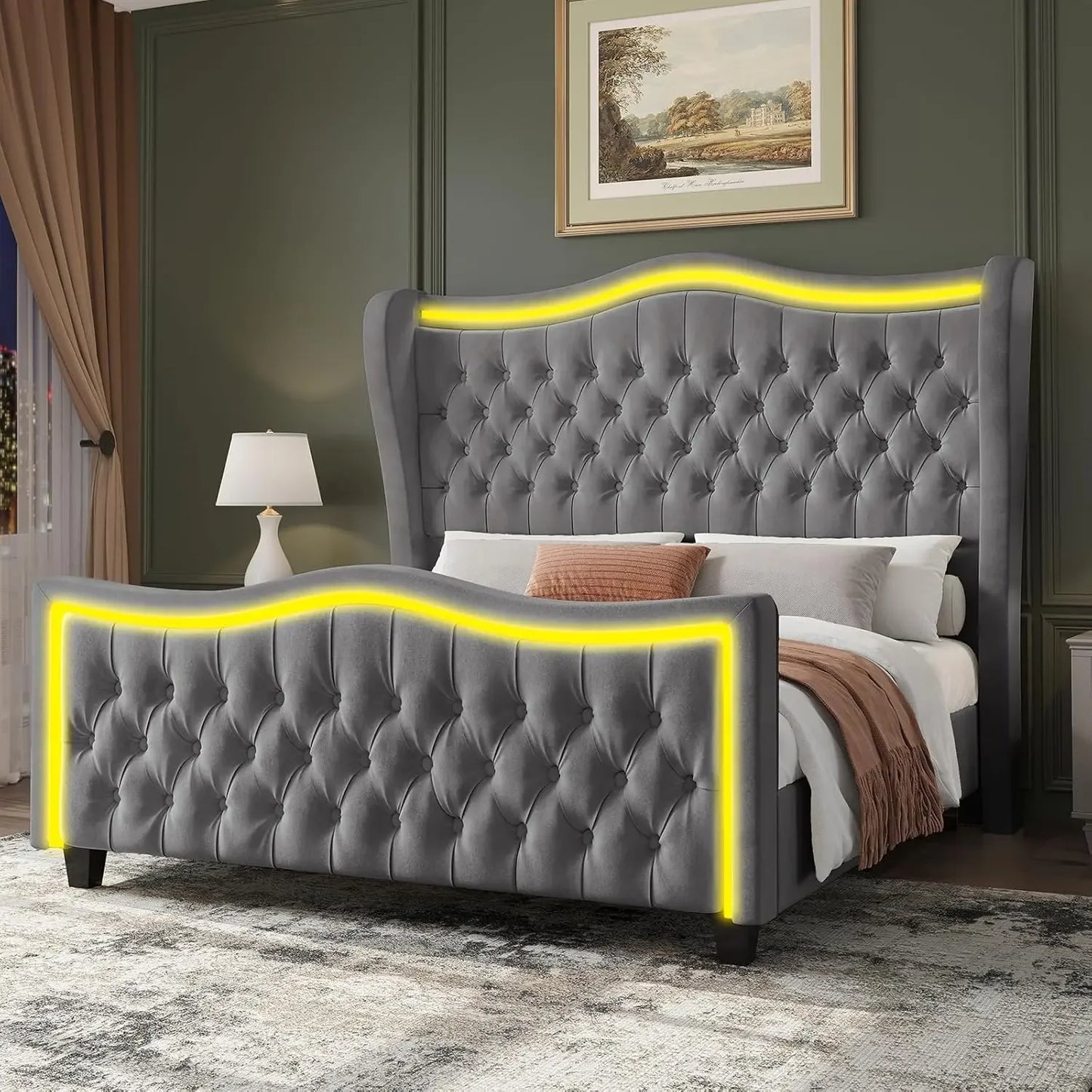 Upholstered Platform Wingback Bed with Handmade Deep Button Tufted Headboard Footboard