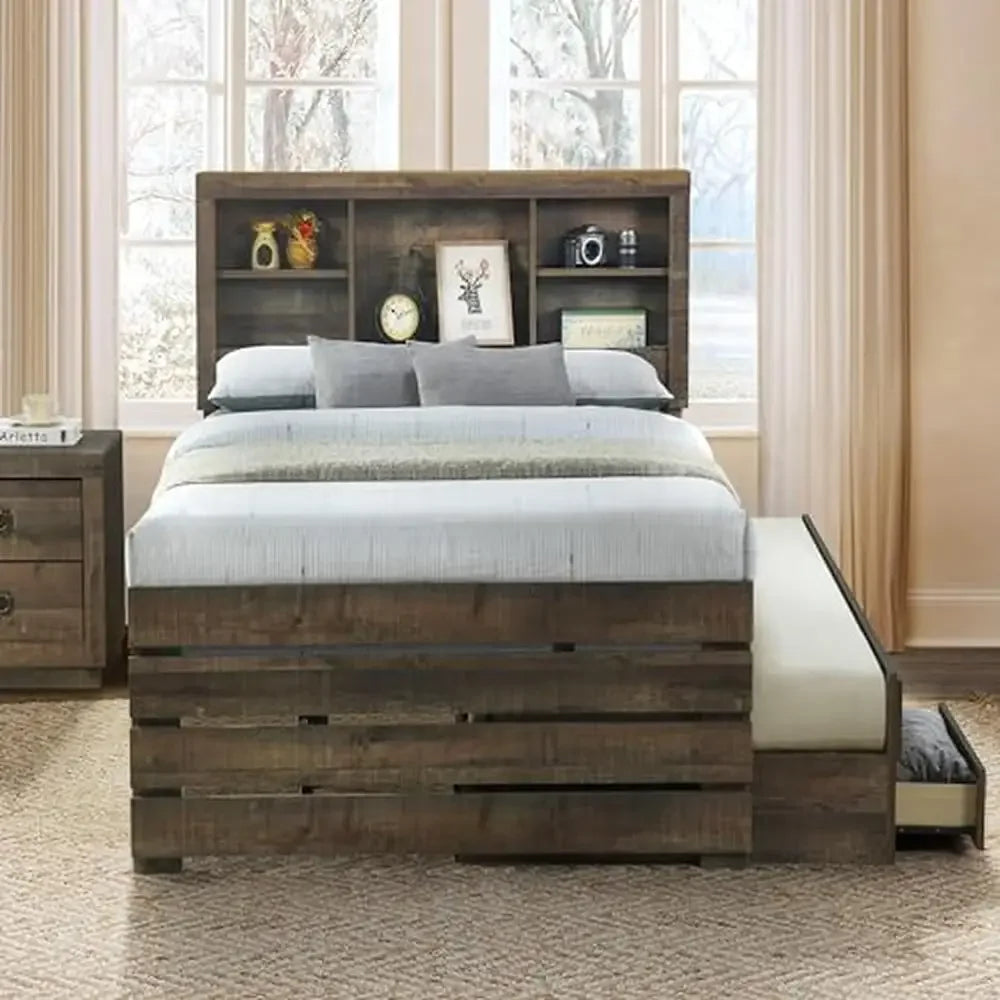 Twin Size Captain Bed with Bookcase Wood Platform Frame Three Drawers Trundle Bedroom/Guestroom Rustic Style Rustic Brown