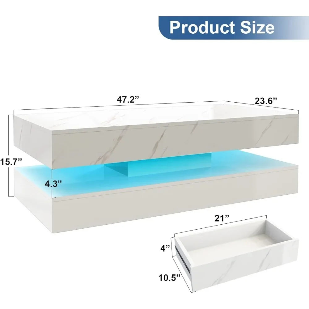 LED Coffee Table with 2 Storage Drawers, High Gloss White Coffee Tables