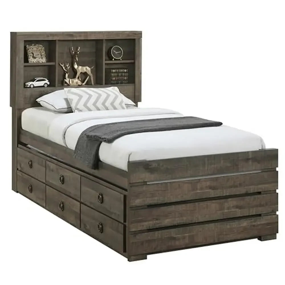 Twin Size Captain Bed with Bookcase Wood Platform Frame Three Drawers Trundle Bedroom/Guestroom Rustic Style Rustic Brown