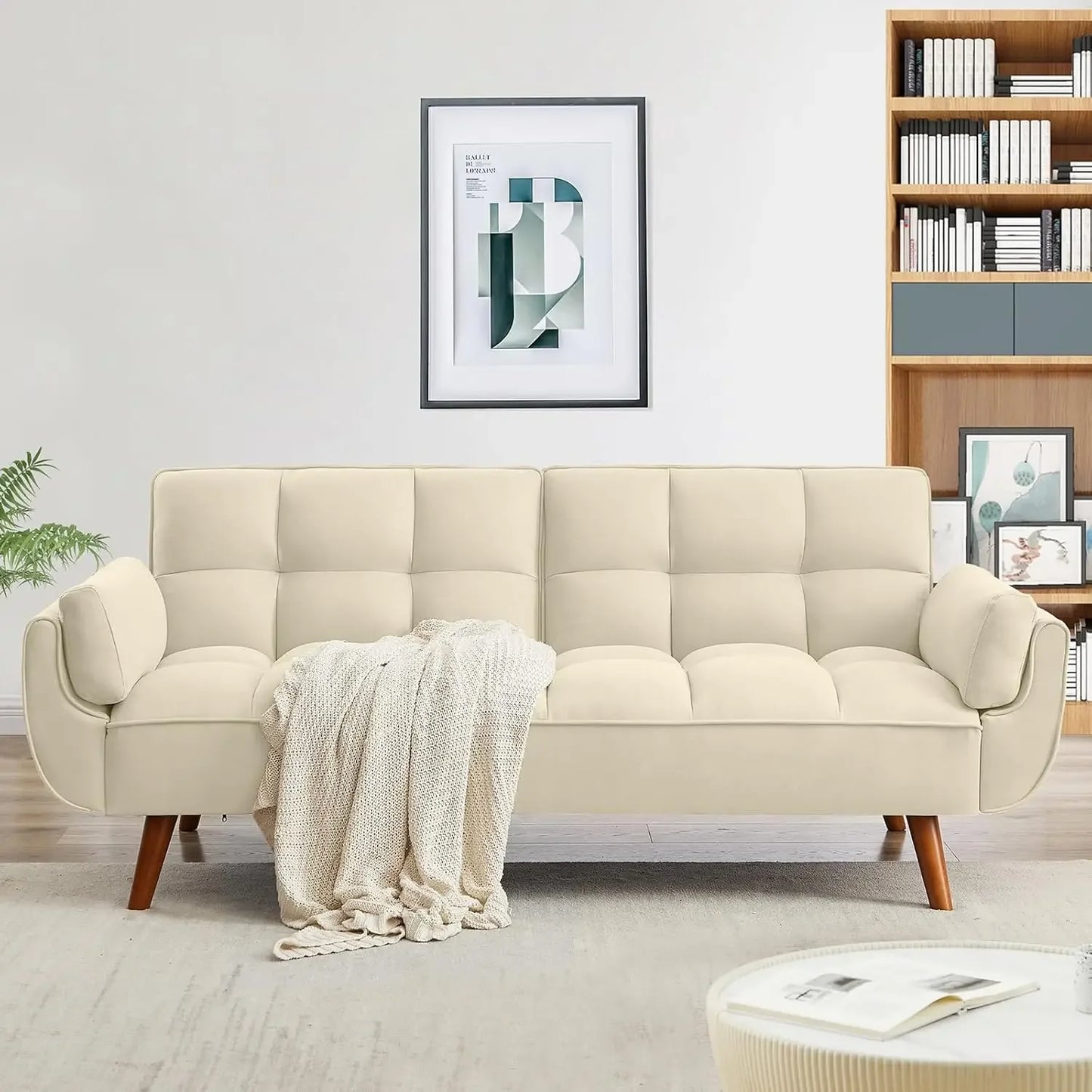 Tufted Sofa Convertible Futon Sofa Bed with Adjustable Backrests and Solid Wood Legs for Living Room, Bedroom