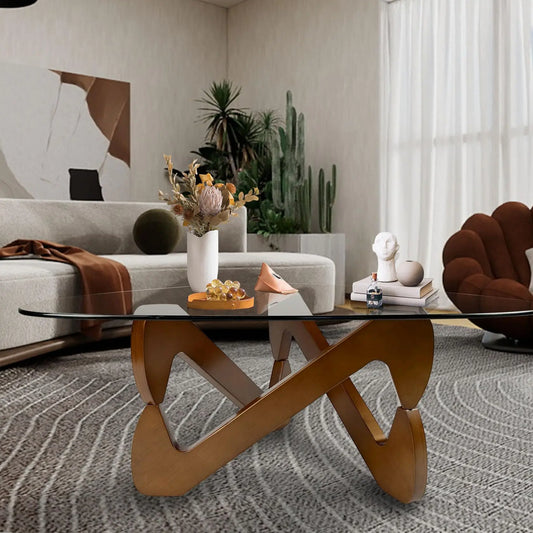 Triangle Coffee Table Glass Coffee Table for Living Room Mid Century Modern Coffee Table with Walnut Base Minimalist Living Room