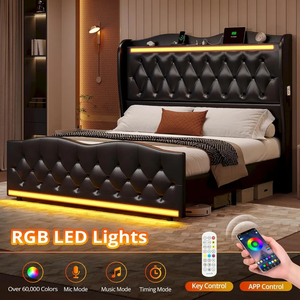 Queen Size Bed Frame Tall Headboard with LED Lights & Charging Station,