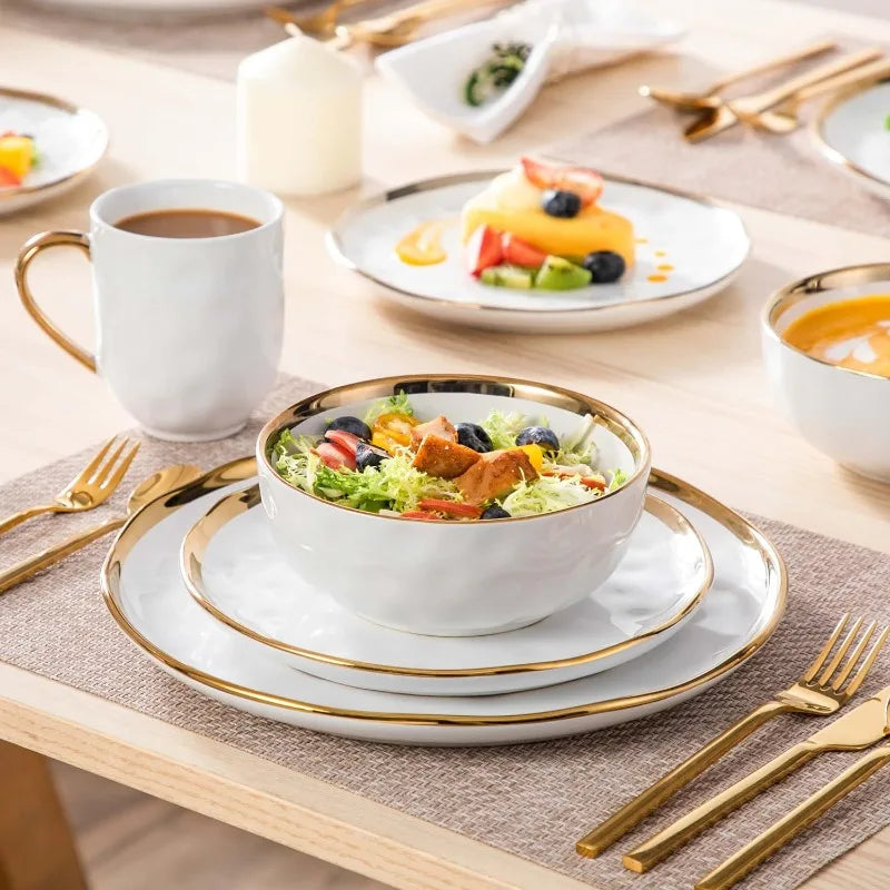 Black and Gold Dishes Sets, Stoneware Dinnerware Sets for 4, 16 Piece Plates and Bowls Sets,