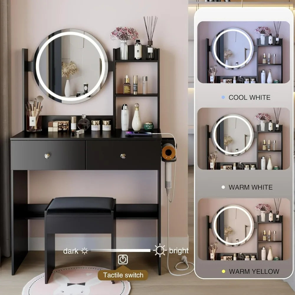 Table and Soft Cushion Stool Set,  Adjustable Brightness, Desktop, Multi-layer High Capacity Storage