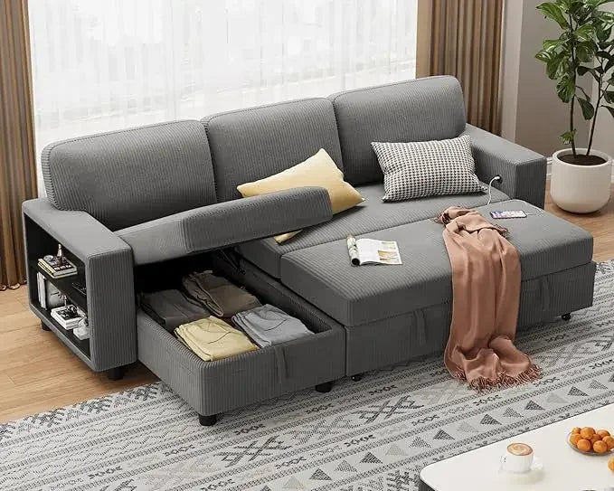 Sleeper Sofa, Sofa Bed with Built-in Large Storage and 2 Bookshelves, Convertible Sectional Sofa Couch
