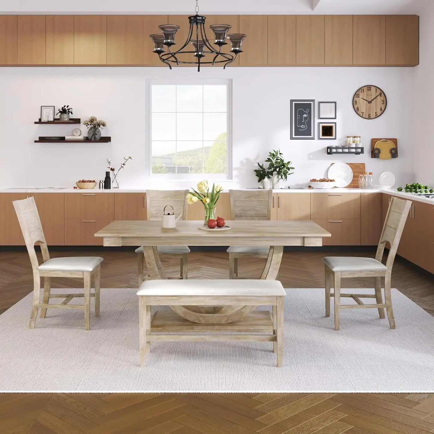Dining Table Set, Half Round Table with Long Bench & 4 Upholstered Dining Chairs,