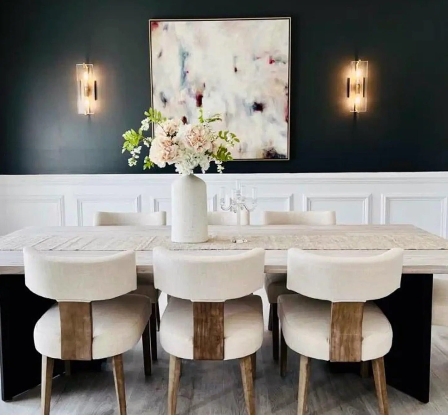 Dining Chairs Set of 6, Farmhouse Linen Fabric Upholstered Accent Chairs Curved Backrest Kitchen Chair