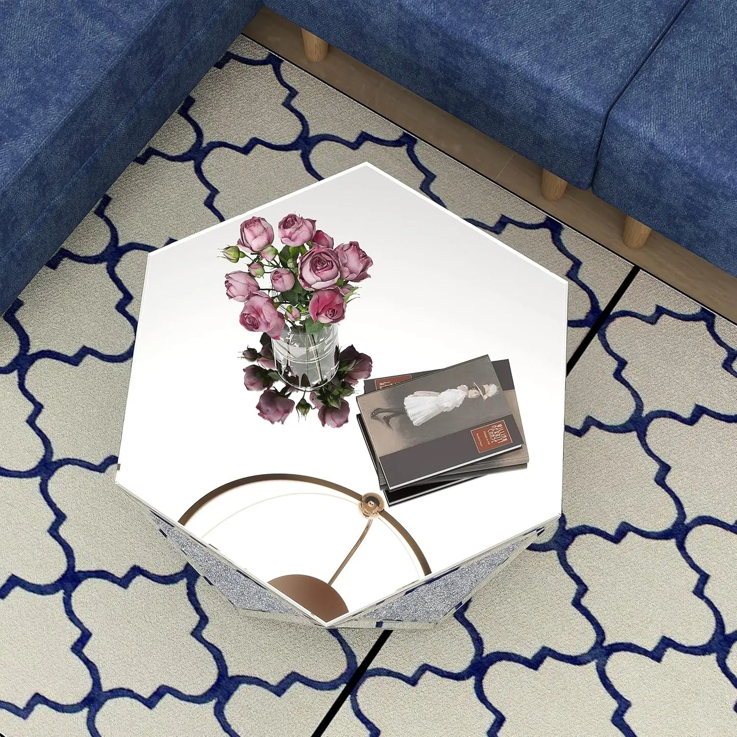 Coffee Table Mirrored with Crystal Inlay, Hexagon Silver Accent Table, Modern Design Luxury