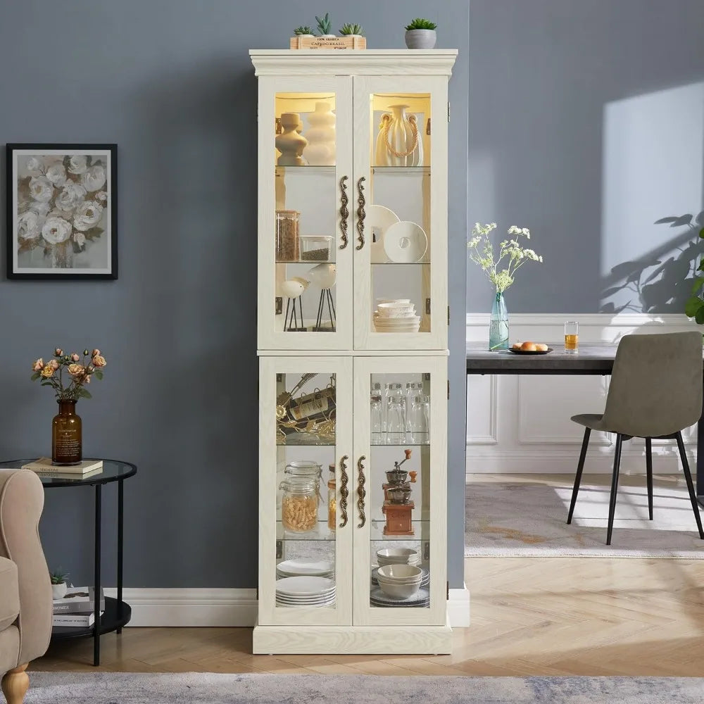 Lighted Glass Display Case, Wooden Wine Bar Cabinet with 6 Adjustable Shelves, Tempered Glass Doors,