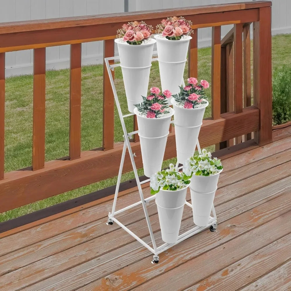 Moving Flower Display Bucket Stand, Heavy Duty Plant Stand on Wheels Metal Flower Holde