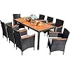 Dining Set Outdoor Acacia Wood Table and Chairs with Soft Cushions Wicker Patio Furniture for Deck Backyard Garden