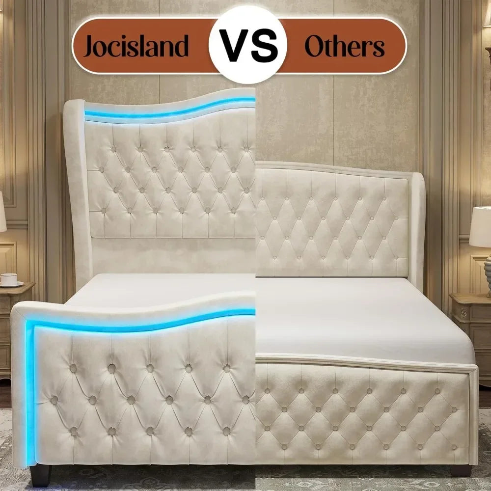 Upholstered Platform Wingback Bed with Handmade Deep Button Tufted Headboard Footboard