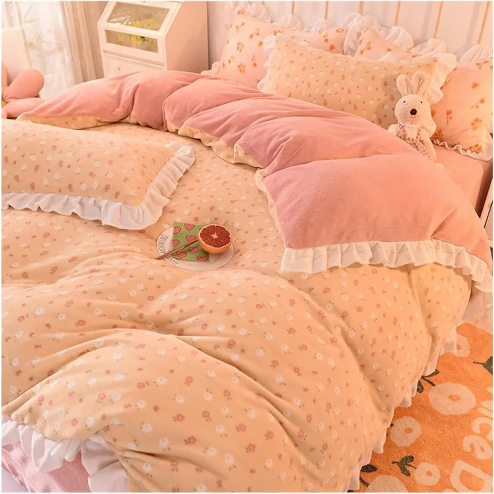 Bedding set, autumn and winter milk fiber four piece set, coral fleece lining, thick double-sided bed sheets