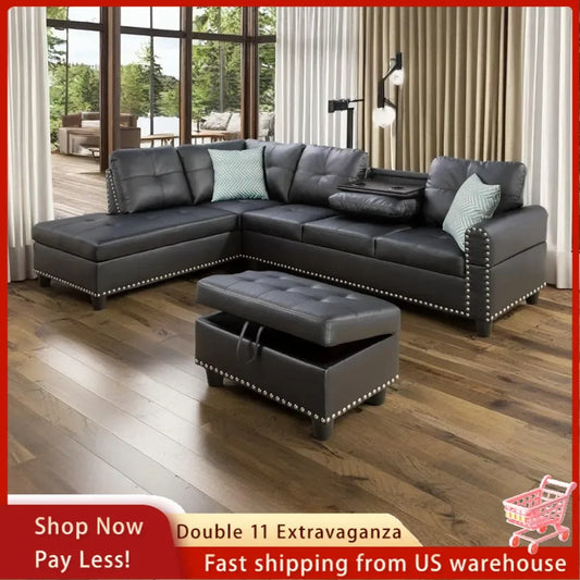 Faux Leather Couch with Ottoman Chaise and Cup Holder, Left Hand Facing,