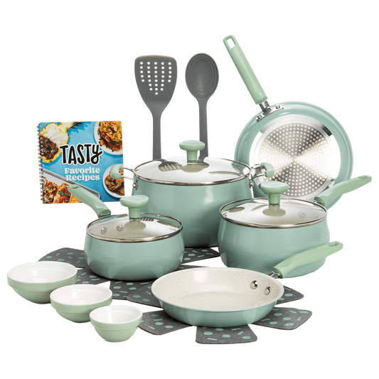 Clean Ceramic 16 Piece Non-Stick Aluminum Cookware Set, Sage Green， non stick cooking pot set