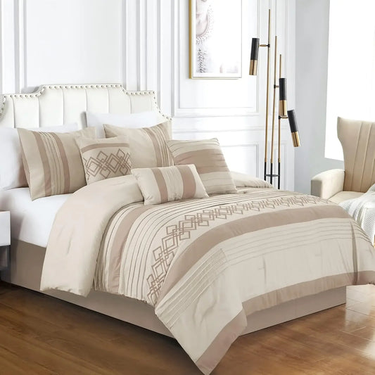 Taupe Geometric Chenille Embroidery Pleated Striped Comforter Bedding Set, Queen Size