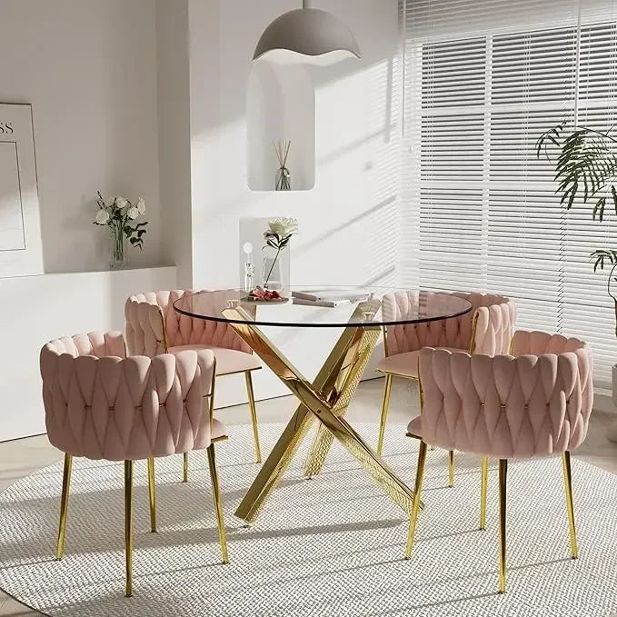 Dining Table Set for 4 with Grey Woven Dining Chair, 5 Pieces Minimalist Modern Round Glass Dinner Room Table Set