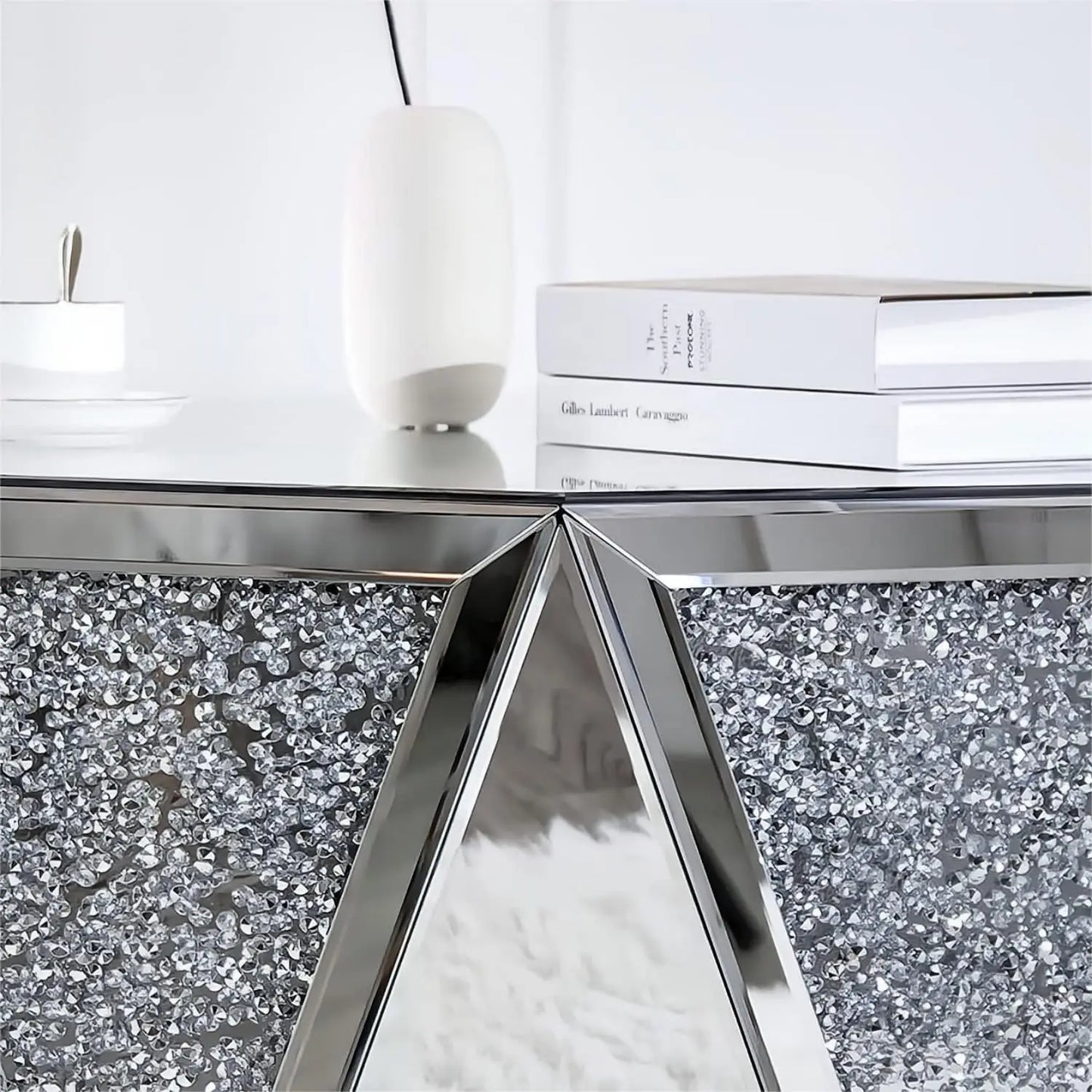 Coffee Table Mirrored with Crystal Inlay, Hexagon Silver Accent Table, Modern Design Luxury