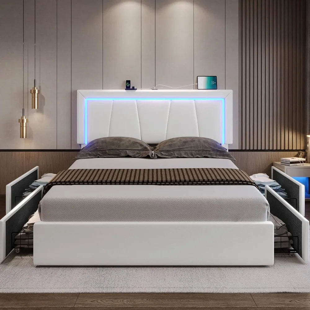 Bed Frame Queen Size with 4 Storage Drawers and LED Lights Faux Leather Upholstered Queen LED Platform Bed Frame with USB Ports