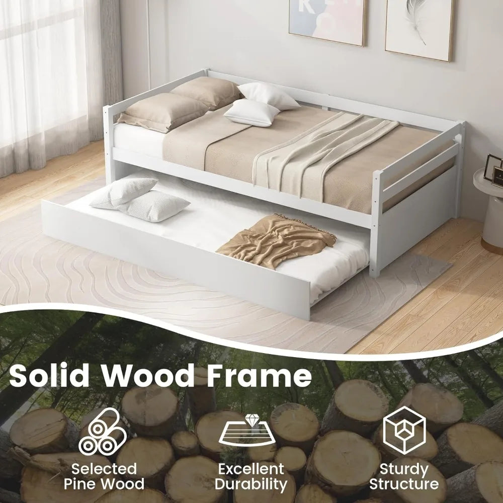 Twin Bed with Trundle, Wood Daybed Frame with Trundle, No Box Spring Needed Sofa Bed Frame, Twin Size Bed