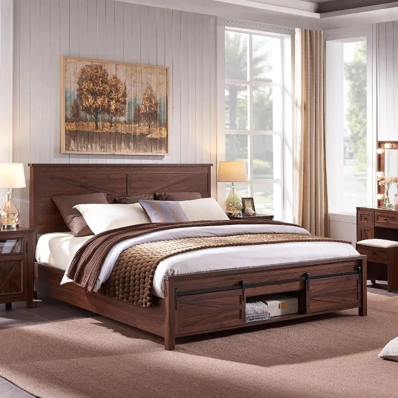 Farmhouse Wood Bed Frame Queen Size with Sliding Barn Door Storage Cabinets and Headboard, Solid Wood Slats