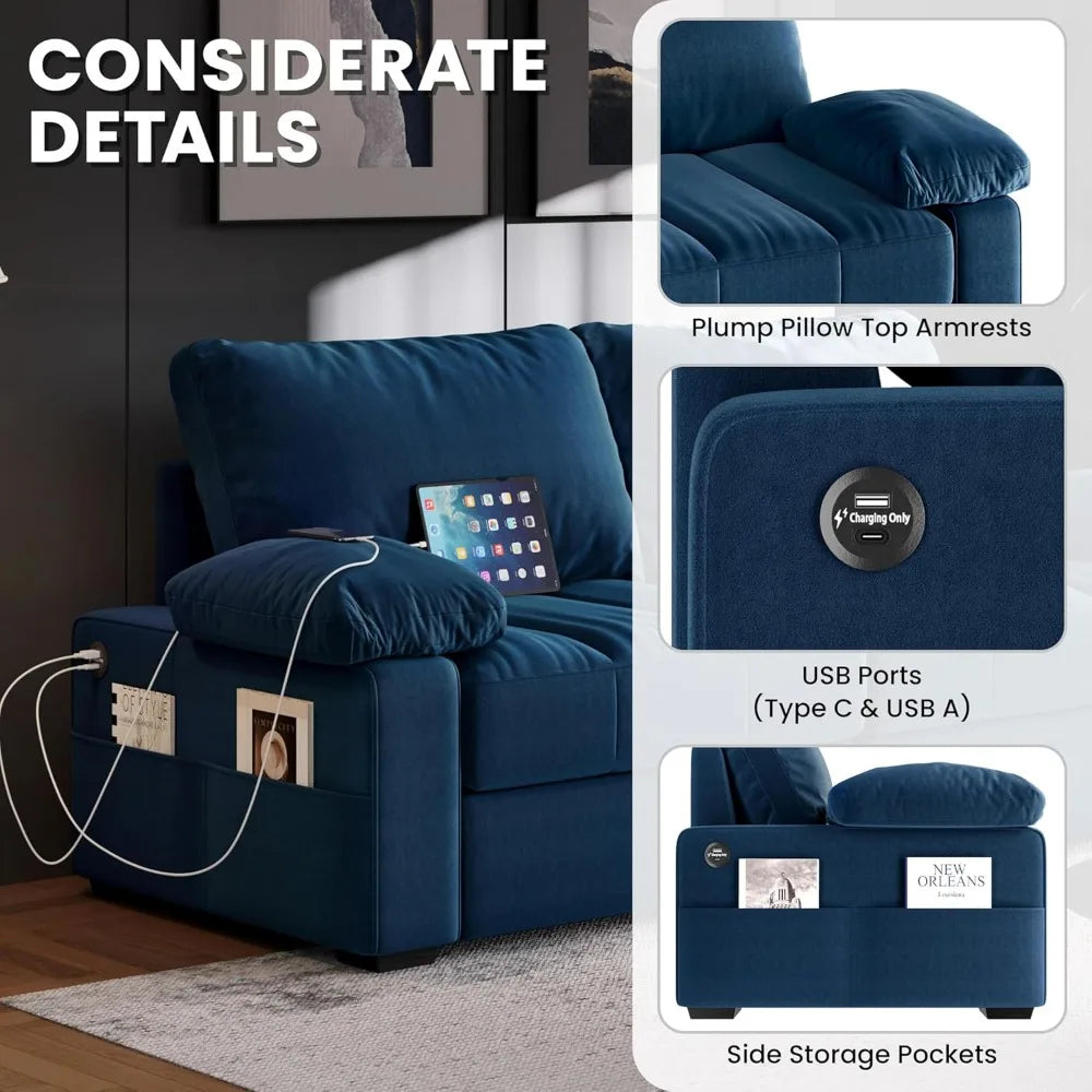 Velvet Living Room Sofa, Modern Recliner Couch with Pocket Coils Storage Pockets