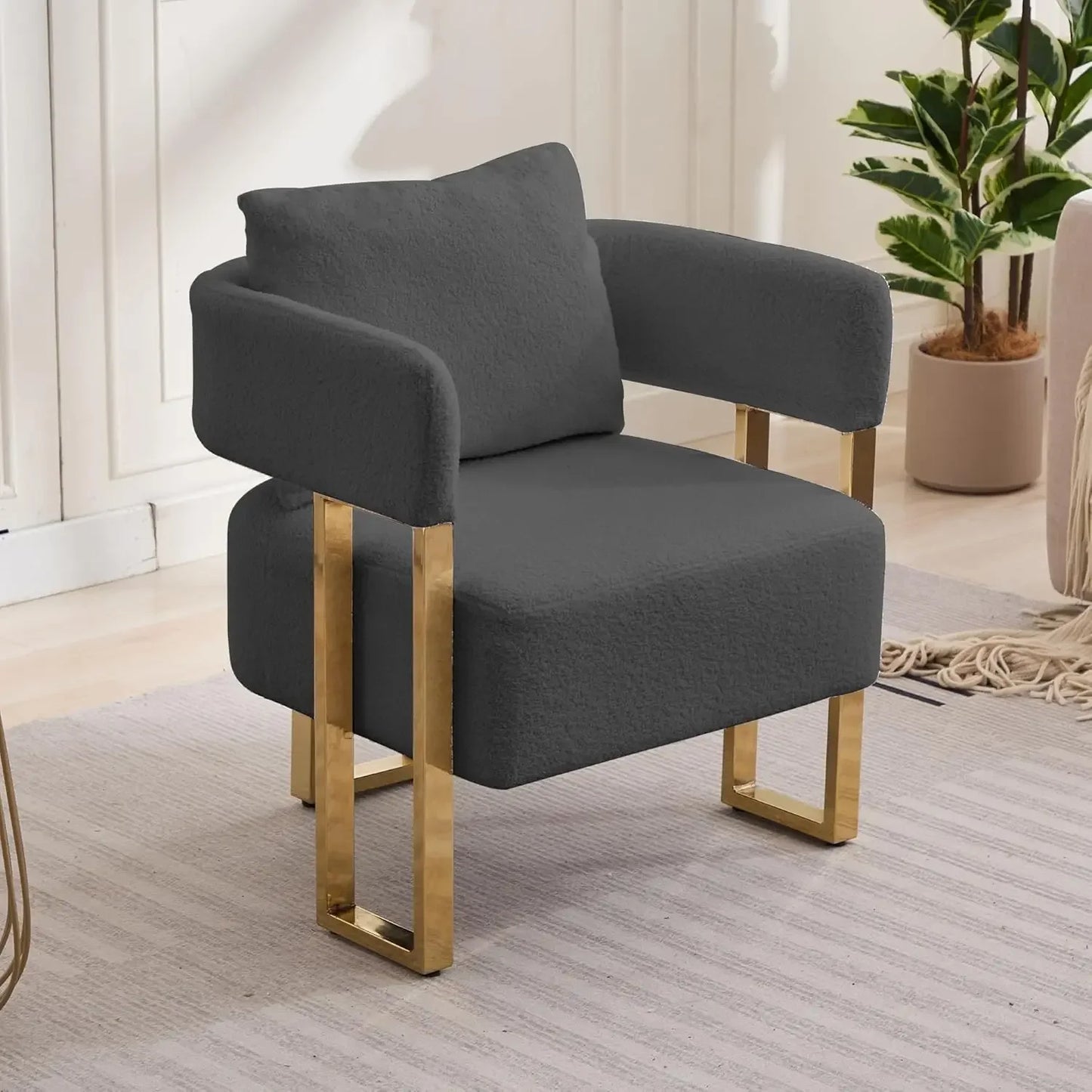 Teddy Velvet Side Sofa with Gold Legs,Tufted Plush Upholstered Reading Armchair with Lumbar Pillow for Living Room Dining Room