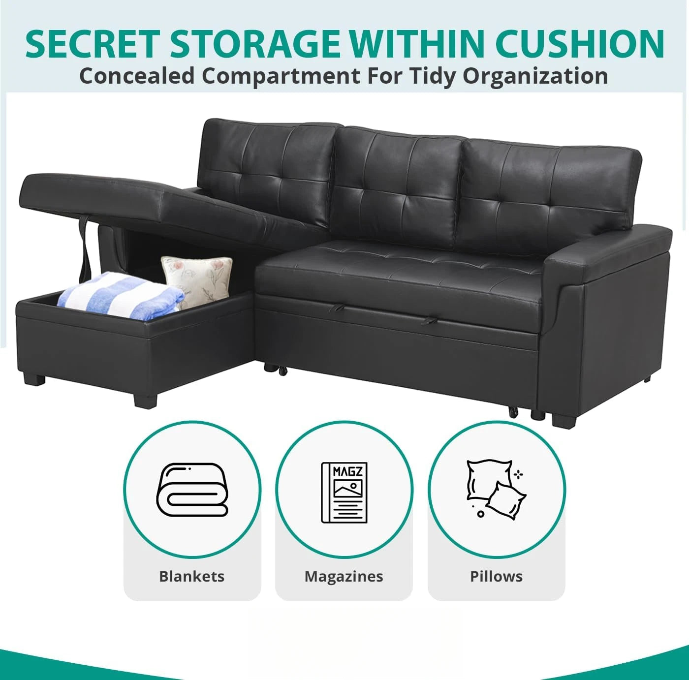 Sofa Living Room, Tufted Pull Out Couch with Storage, L-Shaped Reversible Sleeper Sofas with Storage, Sofa Living Room