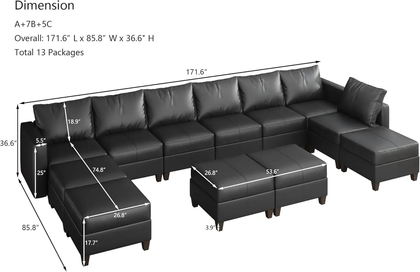 verbized Sectional Sofa Modular Couch with Reversible Chaises, Black Faux Leather