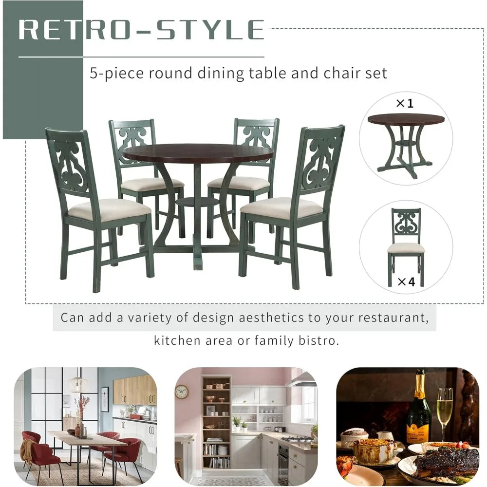 Round Dining Table and Chair Set, Round Table with Shelf