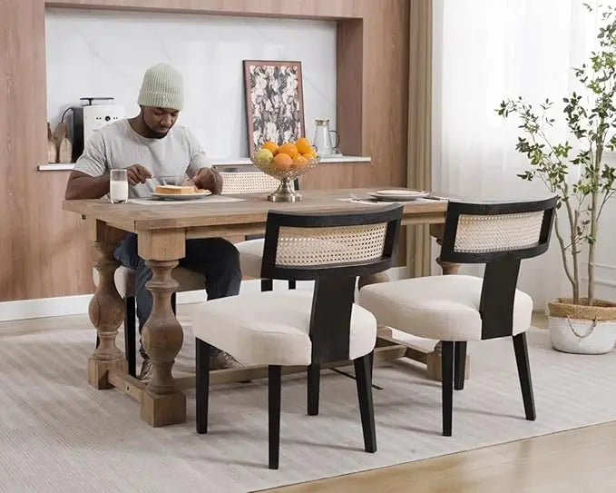 Mid Century Modern Rattan Dining Chairs Set of 4, Farmhouse Linen Upholstered Accent Chair Curved Backrest Kitchen Chairs, with