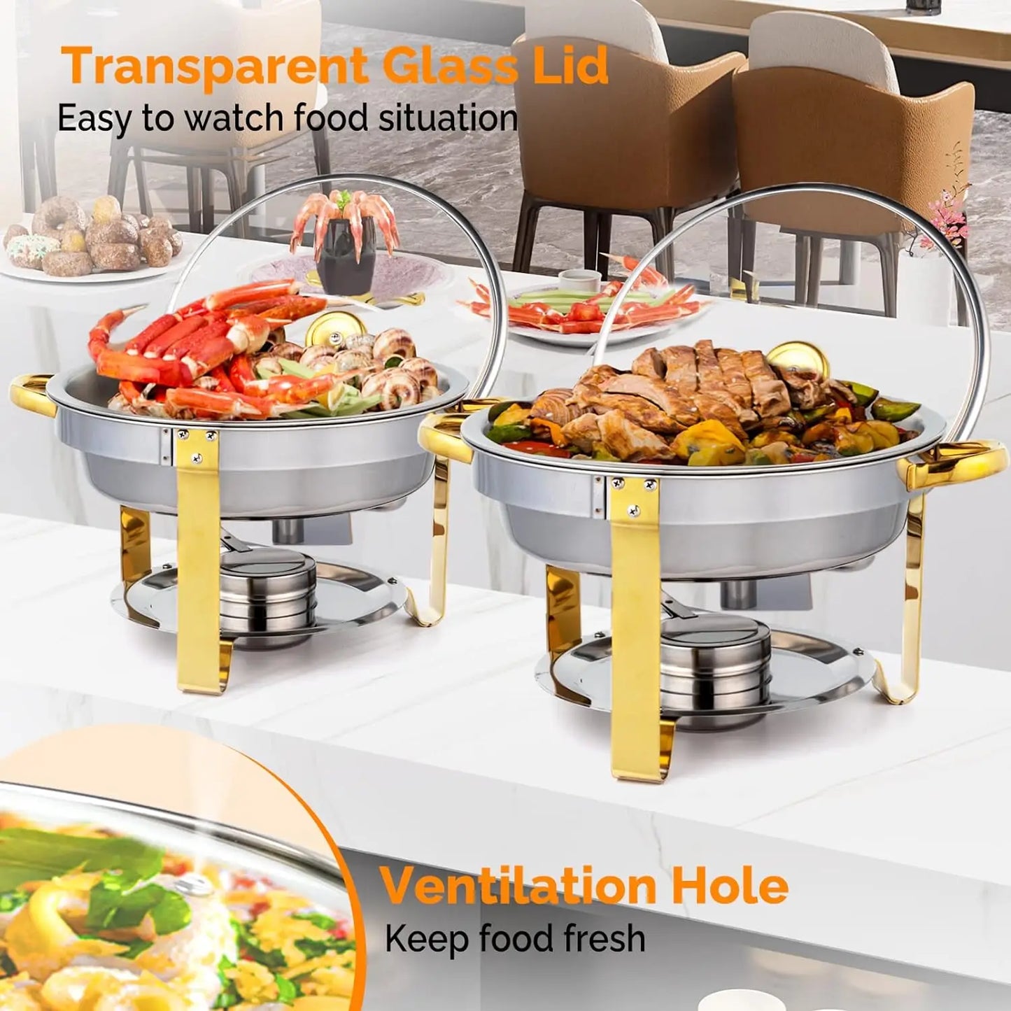Chafing Dish Buffet Set Gold Accent Round NSF Stainless Steel Warmer Glass Lid Holder Catering Event Partie