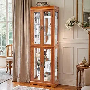 Lighted Glass Display Case, Wooden Wine Bar Cabinet with 6 Adjustable Shelves, Tempered Glass Doors,