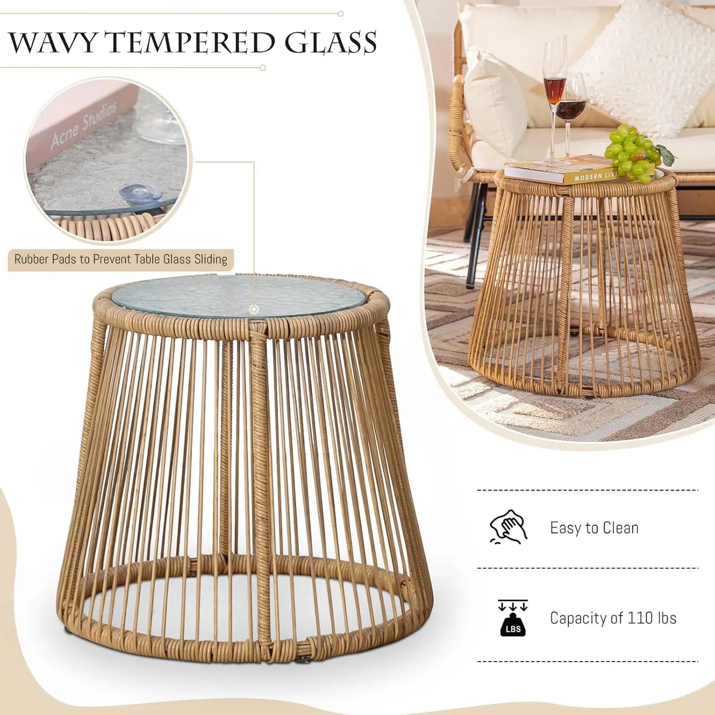 Furniture Outdoor Bistro Chair Set with Large Egg Chair and Round Tempered Glass Table, Great