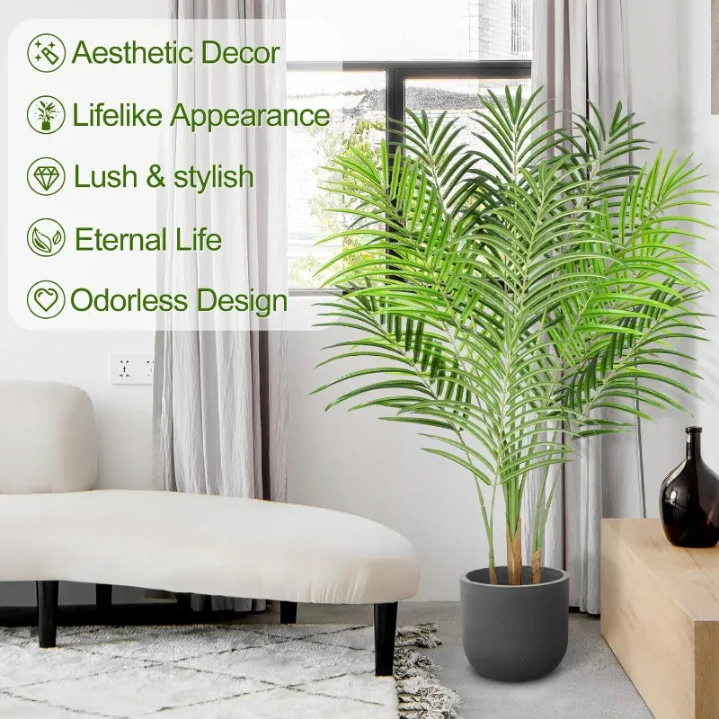 Artificial Palm Tree 4ft Tall Fake Indoor Decor with 13 Trunks and Real Bark Design Faux Tropical Areca Silk Floor Plant