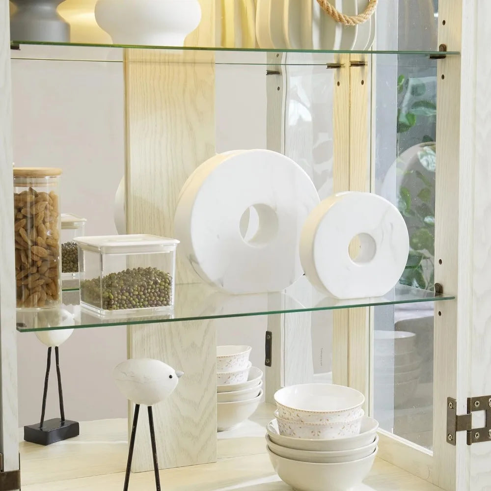 Lighted Glass Display Case, Wooden Wine Bar Cabinet with 6 Adjustable Shelves, Tempered Glass Doors,